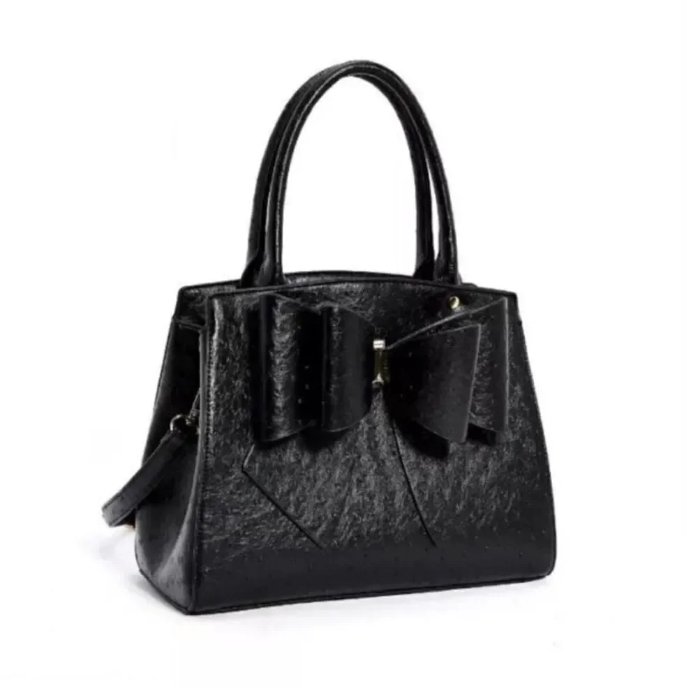 Grossi Faux Ostrich Vegan Leather Satchel: Elegant Black Double Bow